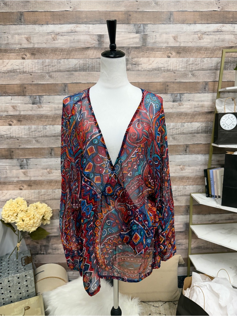 Chicos Red and Blue Sheer Paisley Print Wrap 3